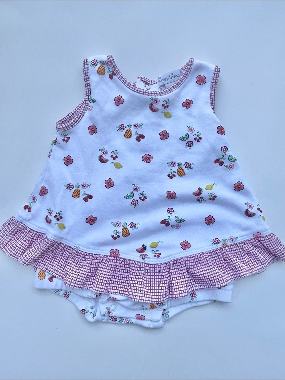 Kissy Kissy White Sleeveless Fruit Print Ruffle Romper with Red Gingham Trim